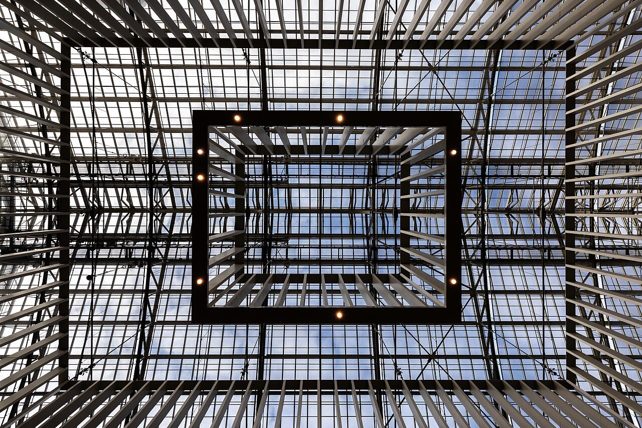 Rijksmuseum atrium glass roof seen from below in Amsterdam